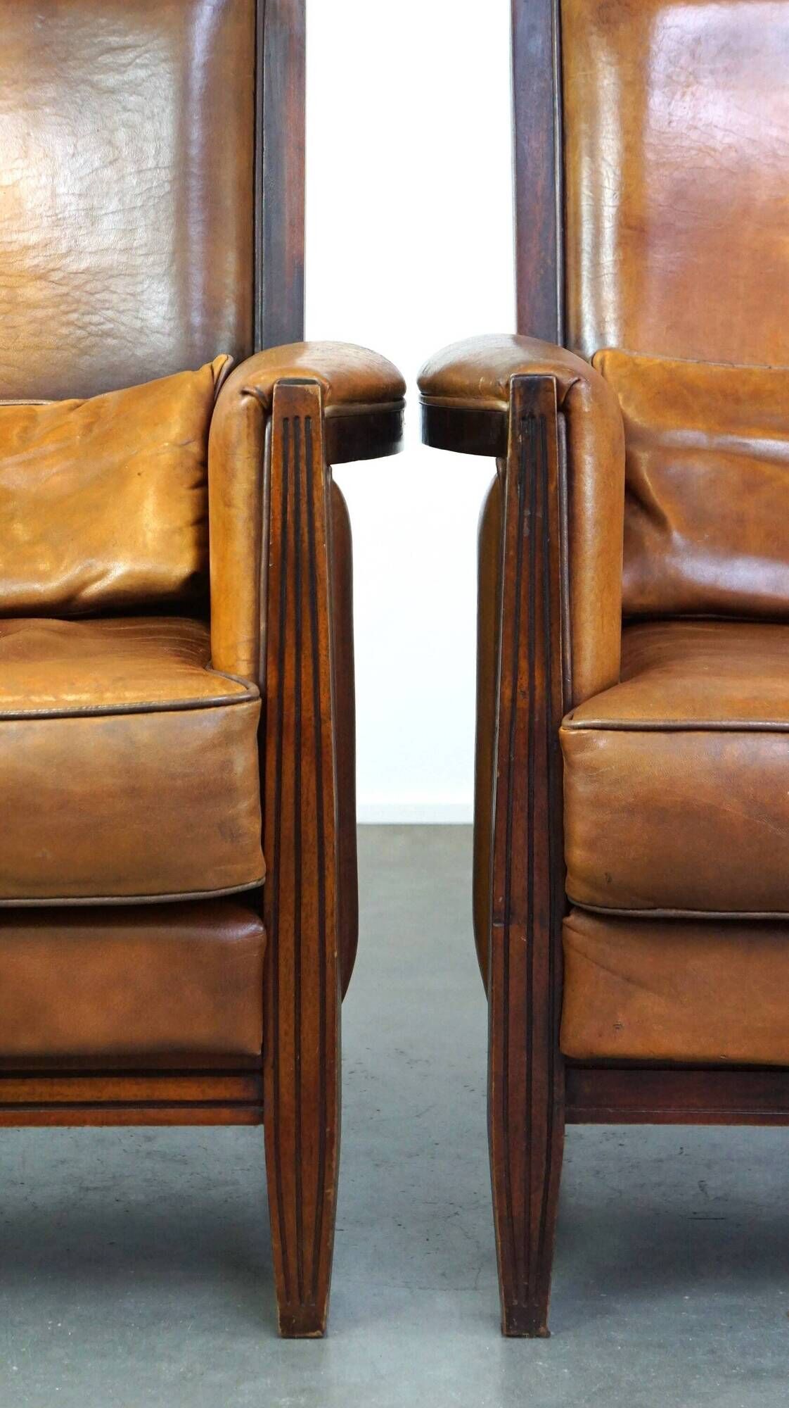 Vintage Art Deco Sheepskin High Back Armchair Set with Wood Finish