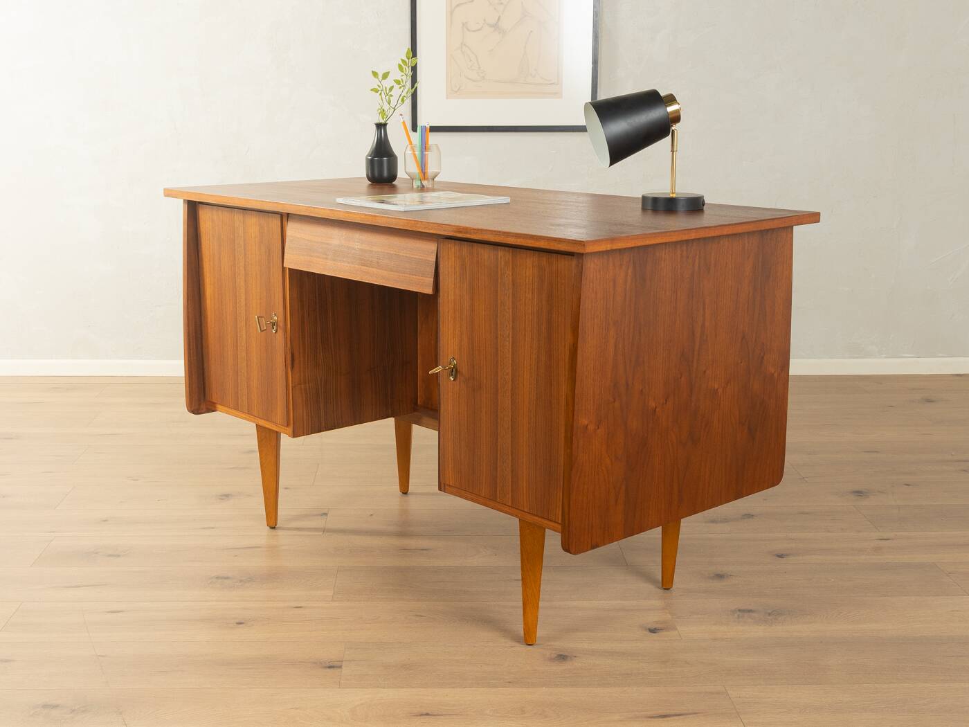 Classic freestanding desk from the 1950s, walnut veneer