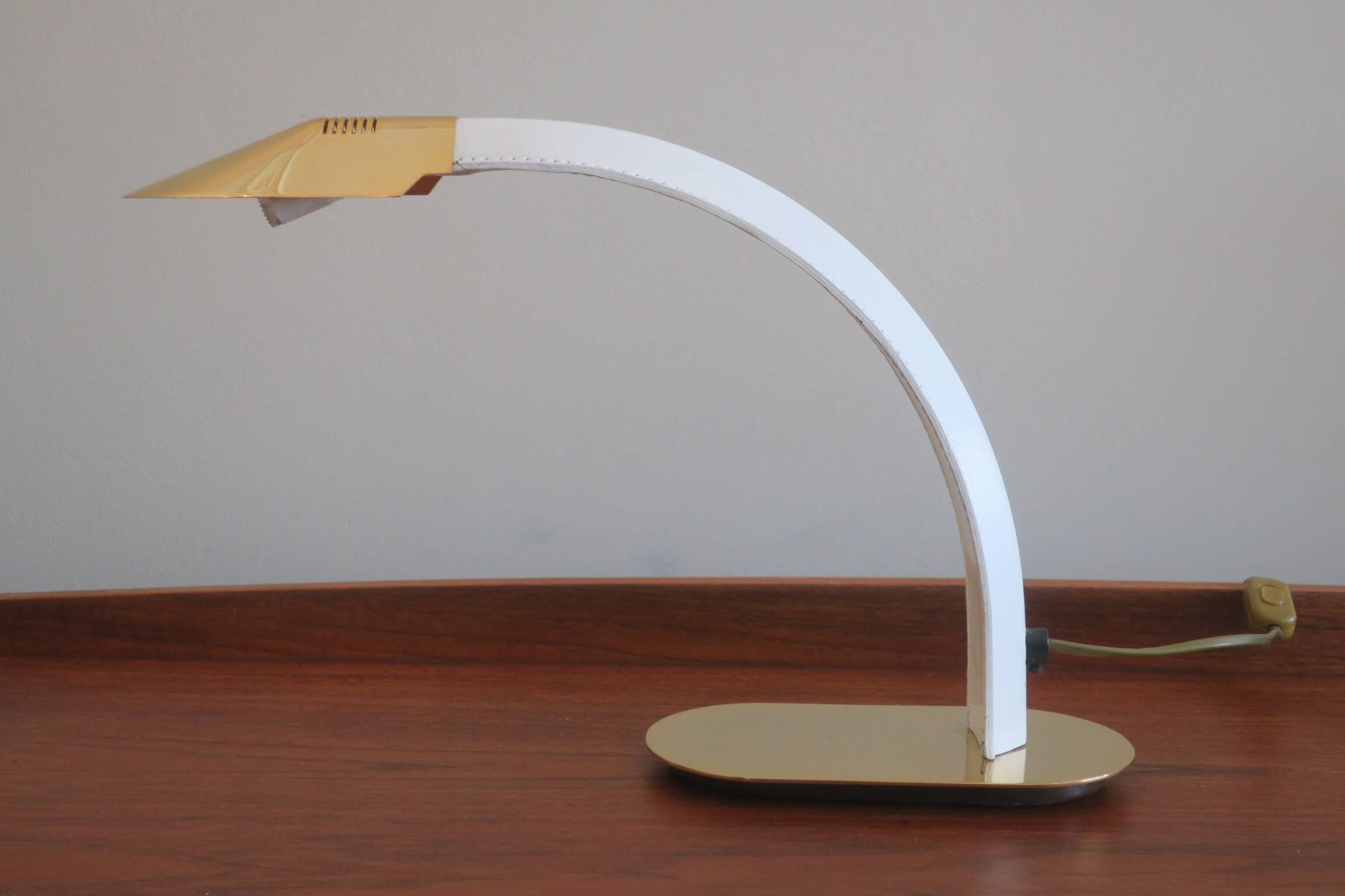 Vintage inscribed leather and gold-plated brass table lamp, Italy 1970s