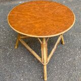 Table basse vintage ronde cuir rotin et bambou