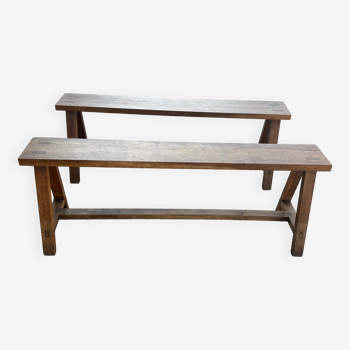 Pair of vintage oak benches 60s