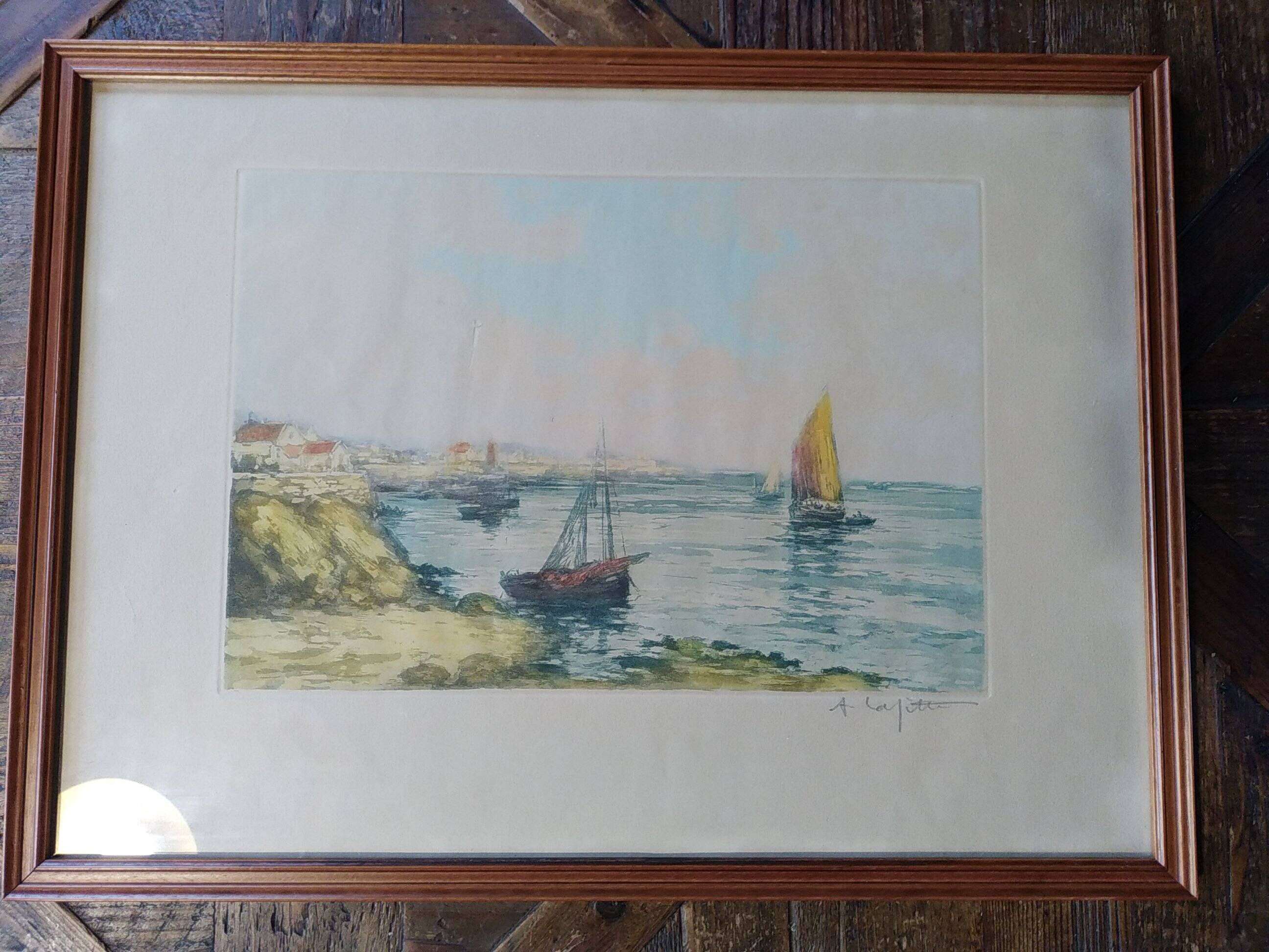 Alphonse Laffite. Aquatint old rigging in the bay.