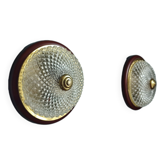 Set of two ceiling lights in glass and vintage brass