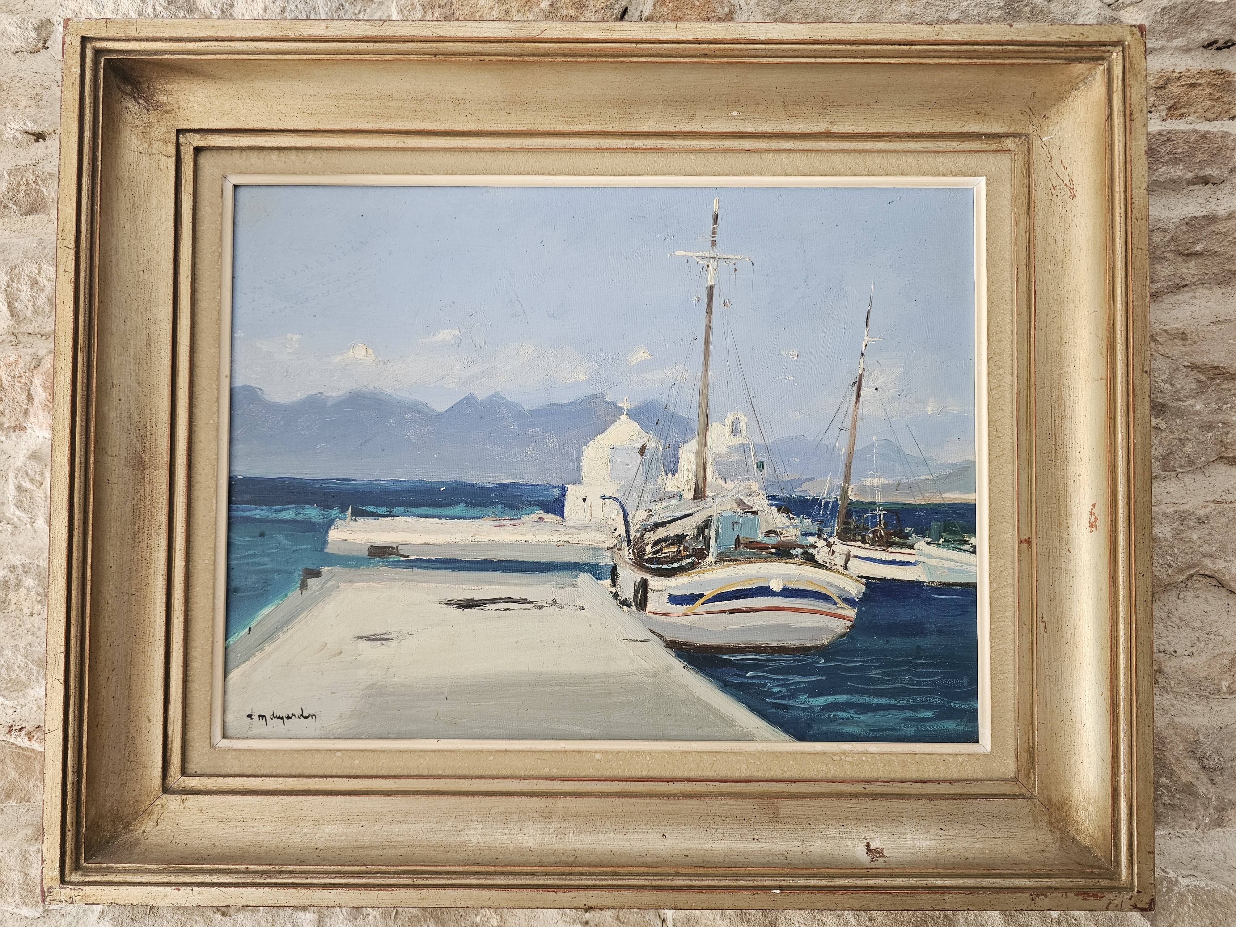 Tableau Huile sur Carton Paysage Grèce Marine - Signé René Marie Dujardin