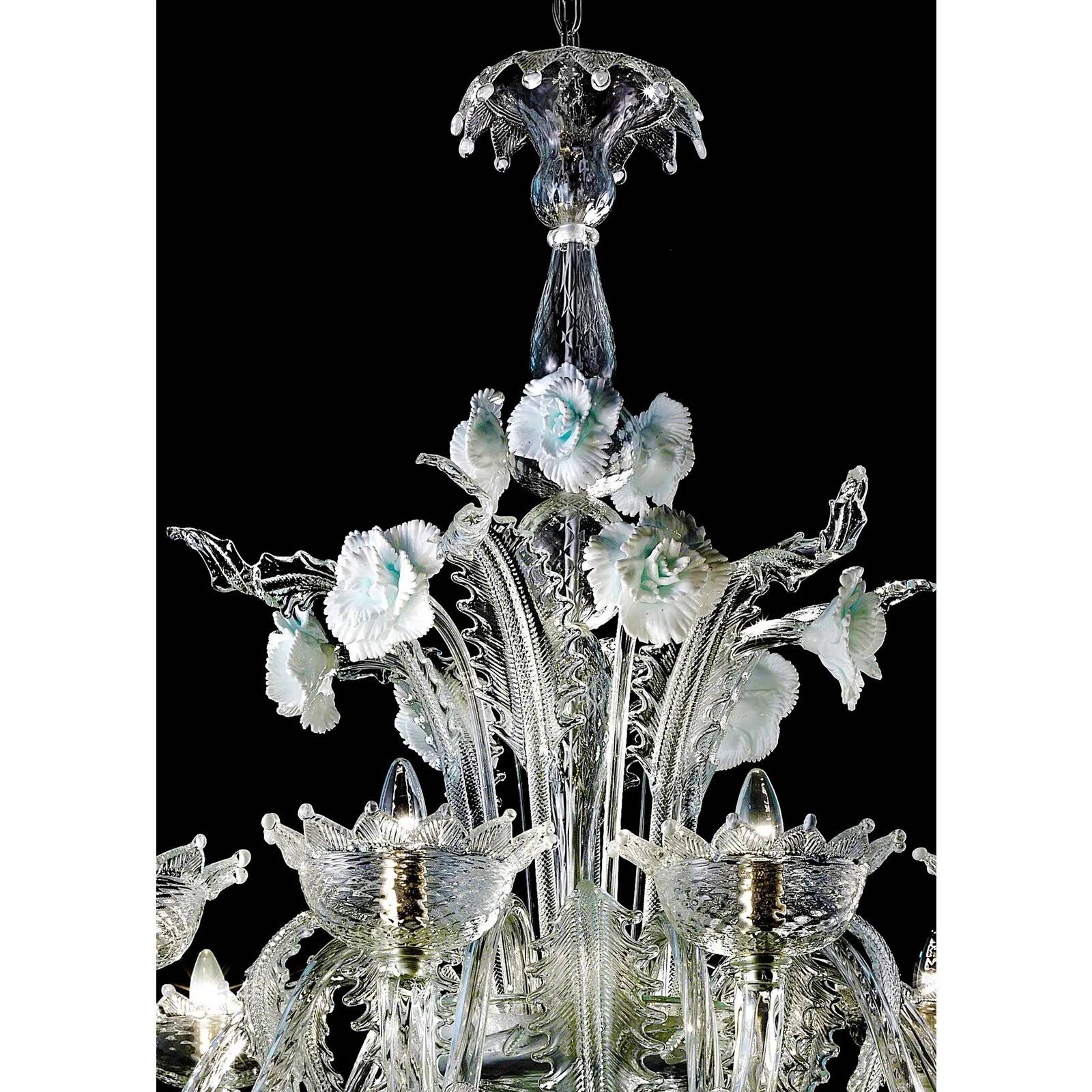 Luxury Romantic Venetian Floral Murano Glass Chandelier in White & Clear