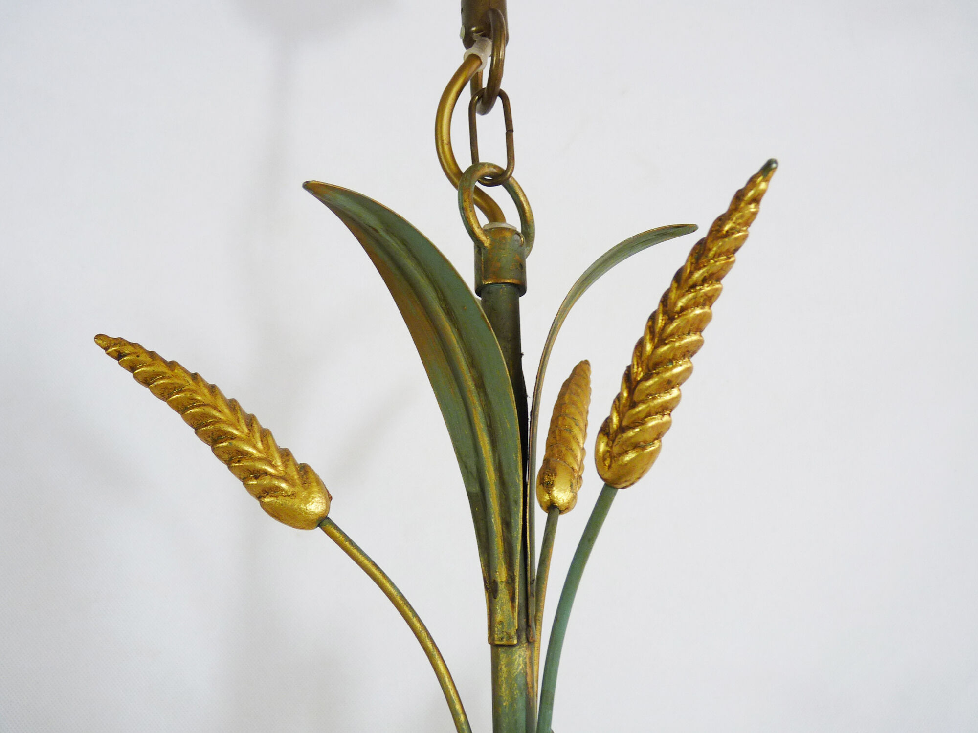 Masca's wheat ear chandelier in aged green and gold metal, 3 fires, year 70/80