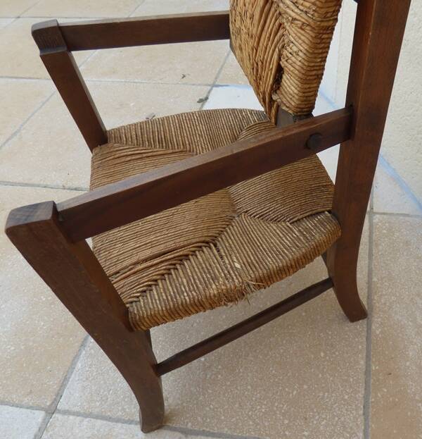 Chaise de prière vintage en bois, paille tressée double, siège relevable