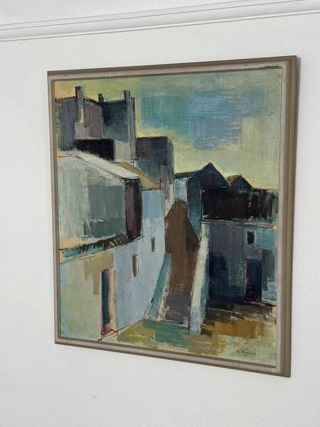 Original Swedish mid-century oil on canvas – “City” by Gustaf Höglund – vintage & framed – 80 × 70 cm