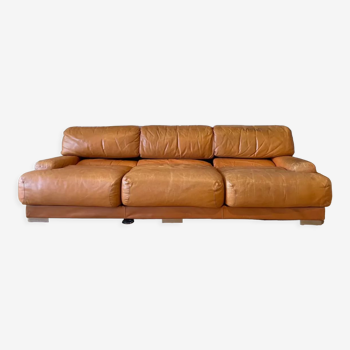Vintage 3-seater sofa Gérard Guermonprez fawn and stainless steel leather, France 1970