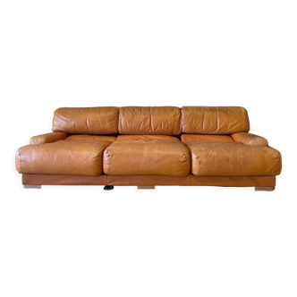 Vintage 3-seater sofa Gérard Guermonprez fawn and stainless steel leather, France 1970