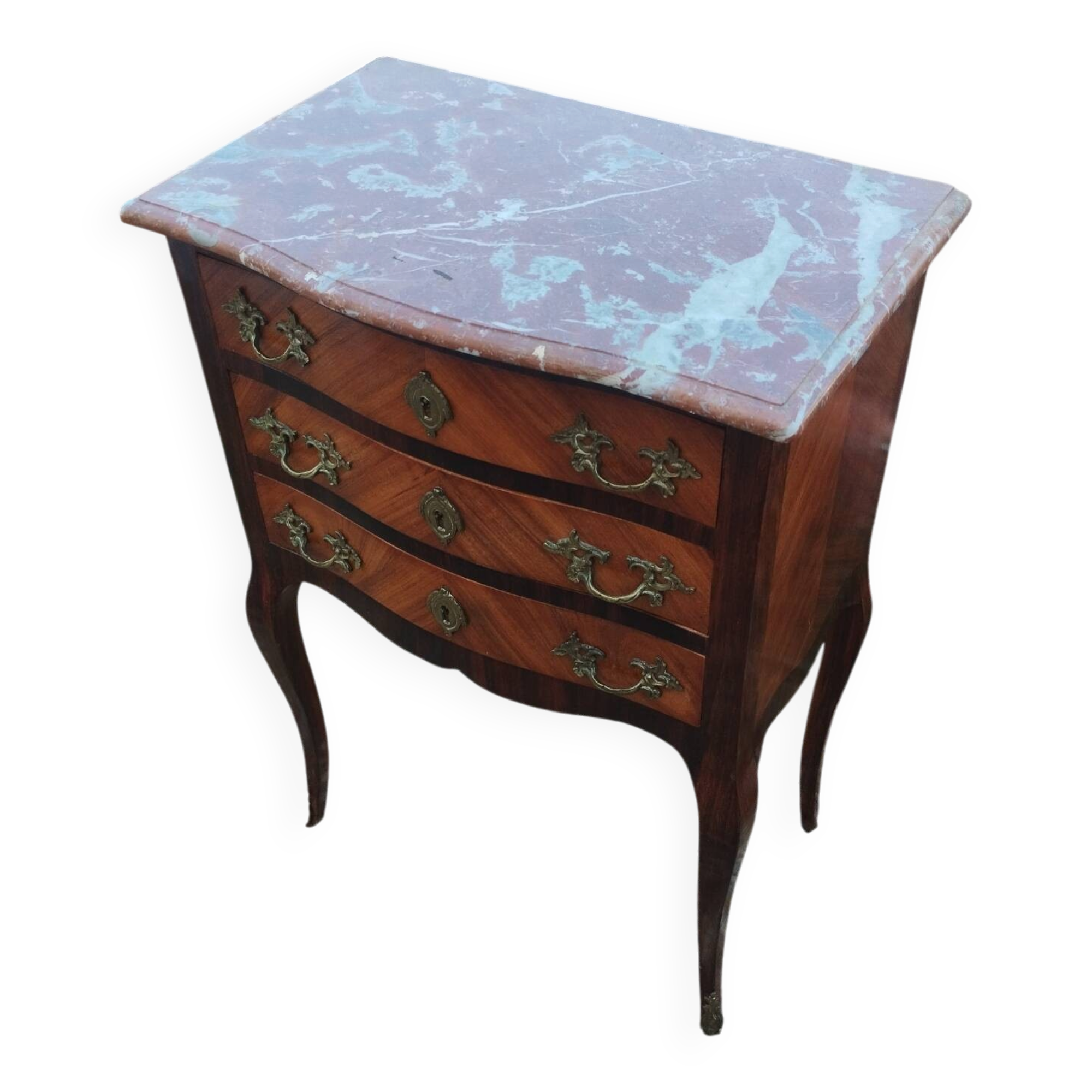 Antique marquetry commode with marble top in Louis XVI style.