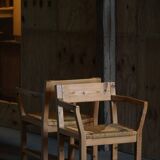 Set of 8 Danish dining chairs in pine and woven paper cord, Tage Poulsen, 1970s.