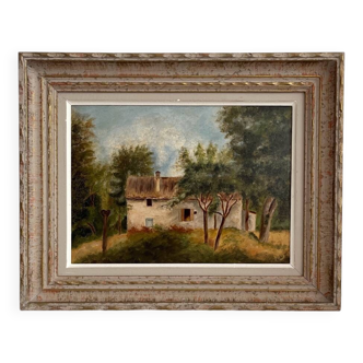 Tableau peinture ancienne huile sur carton paysage avec maison signé