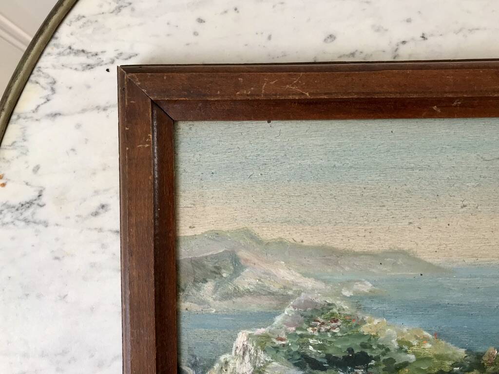 Oil painting on wood seaside landscape signed 40s-50s
