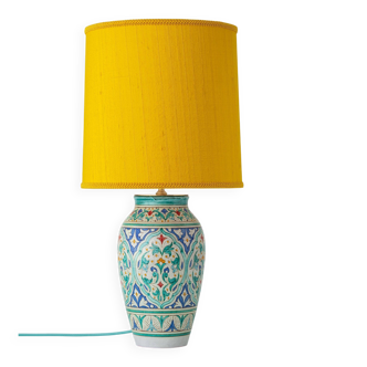 Spanish Moorish ceramic table lamp, new saffron silk shade.