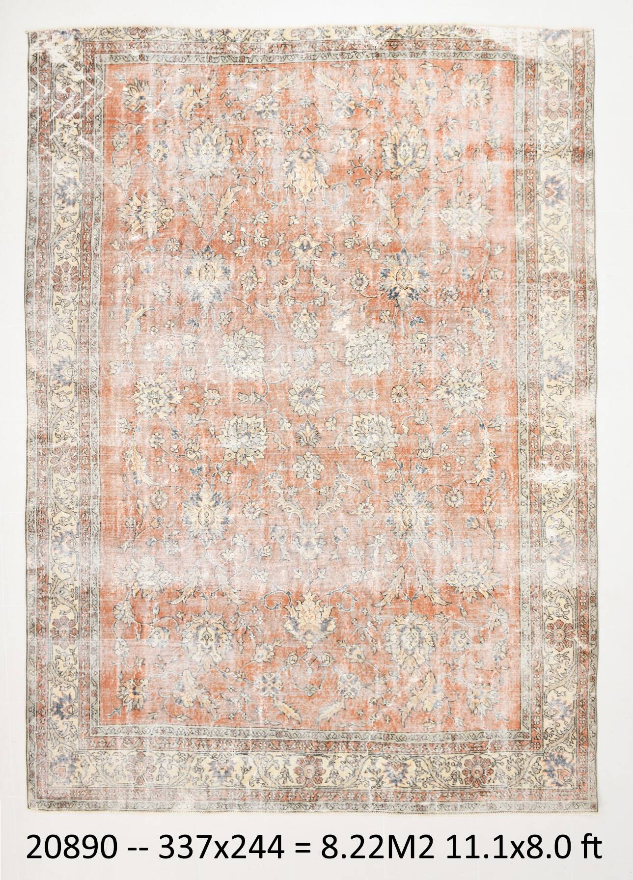 8x11 Orange & Blue Bordered Turkish Vintage Rug, Rugs For Bedroom, Antique