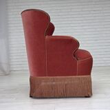 Canapé danois 2 places des années 1950, velours d'ameublement rose saumon, bois de frêne.