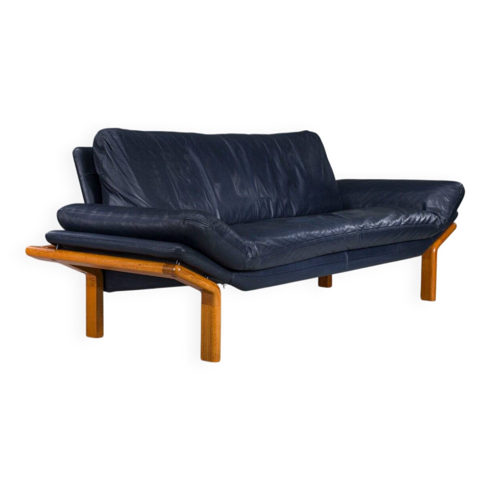 Danish teak and navy blue leather 3-seater sofa from Komfort, 1970s