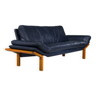 Canapé 3 places danois en teck et cuir bleu marine de Komfort, années 1970