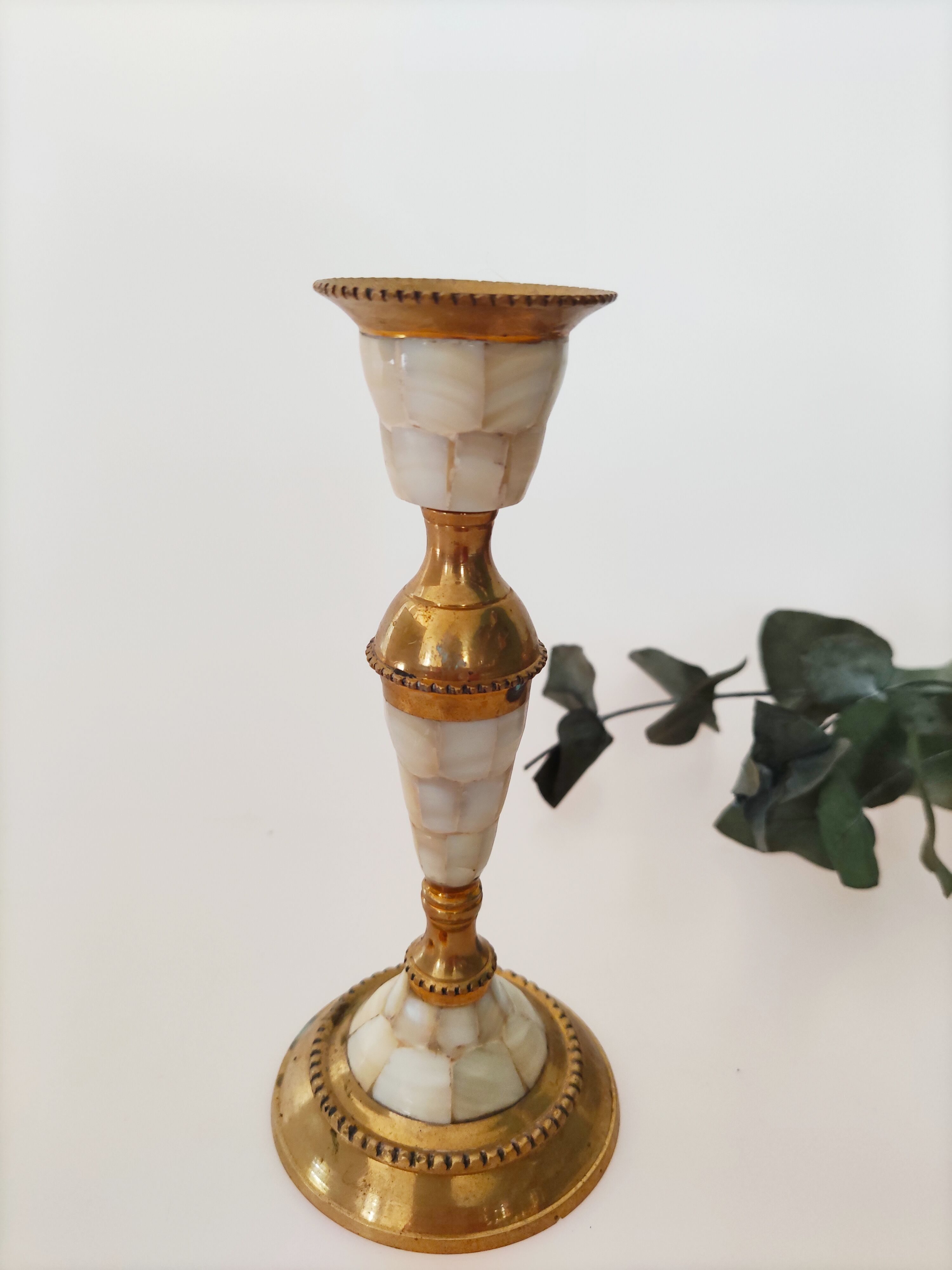 Brass and mother-of-pearl candle holder