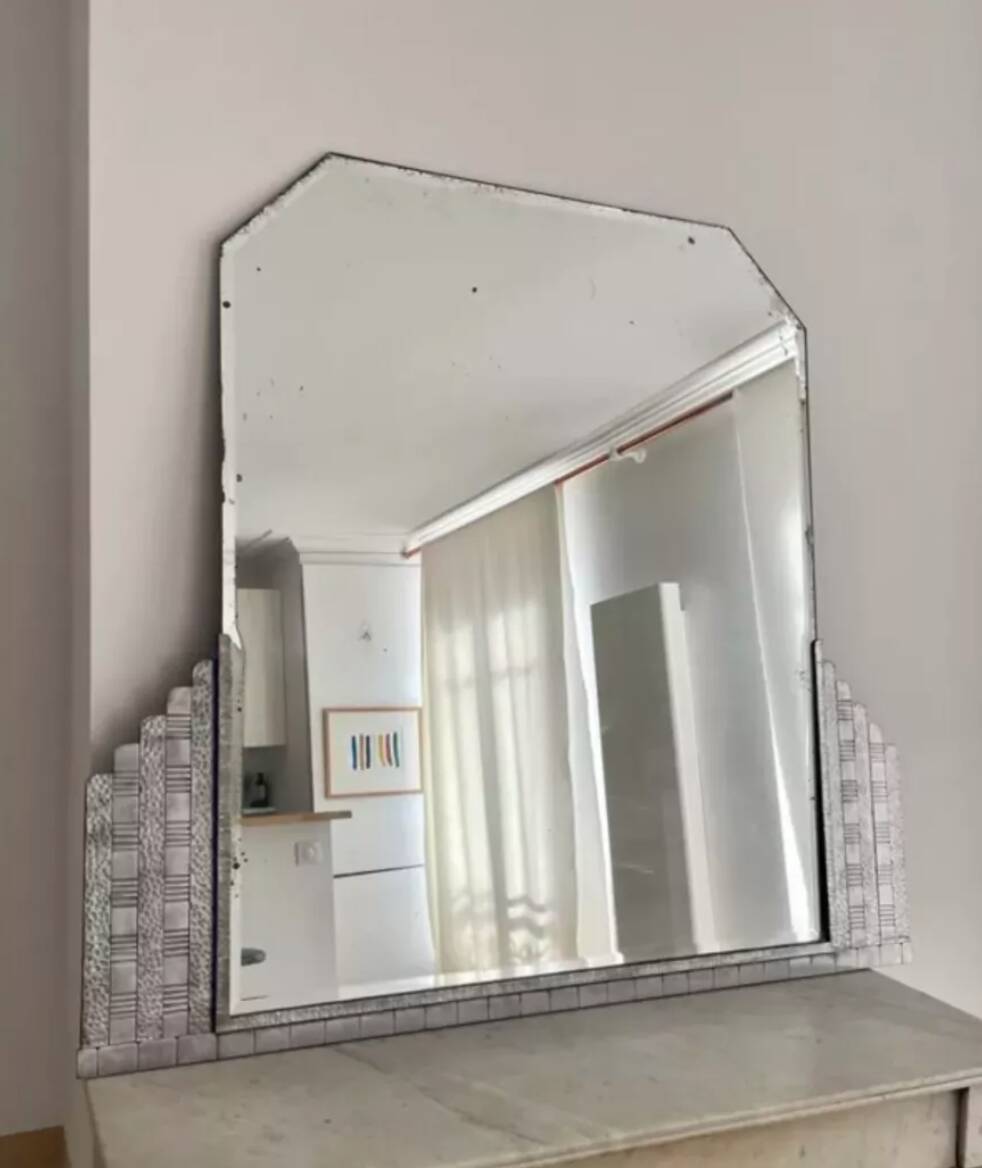 Vintage hammered metal mirror, France art deco 1930