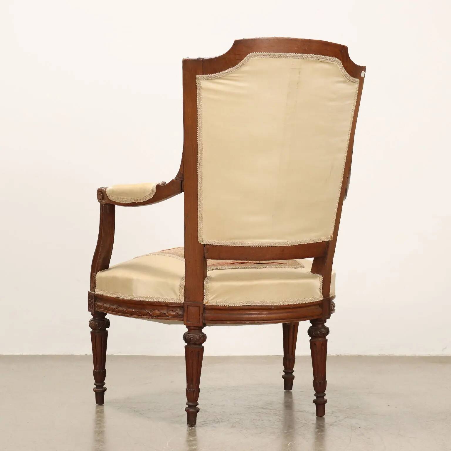 Antique beech armchair stained walnut, fabric, Italy, 19th century