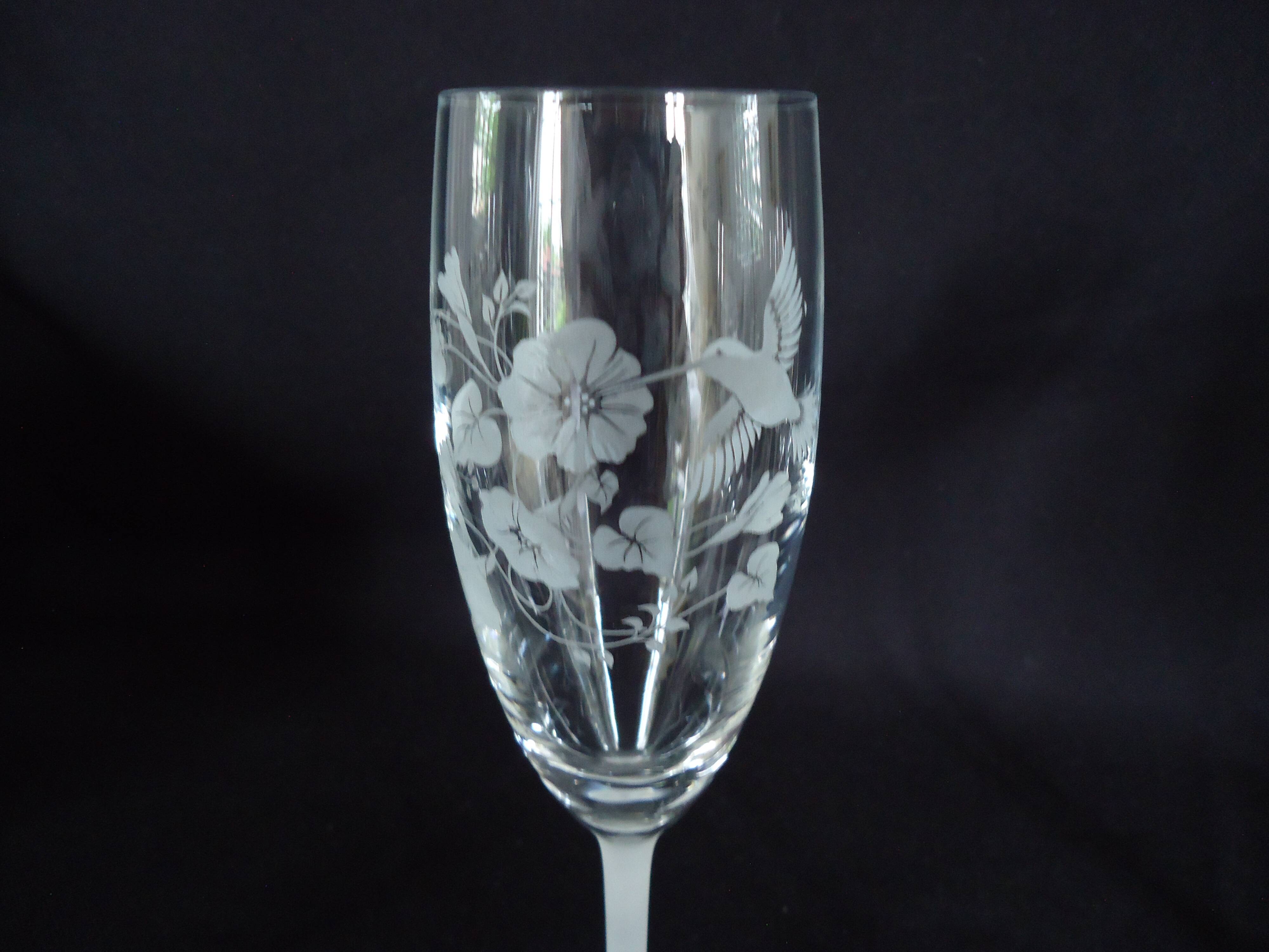 AVON crystal champagne flutes, engraved