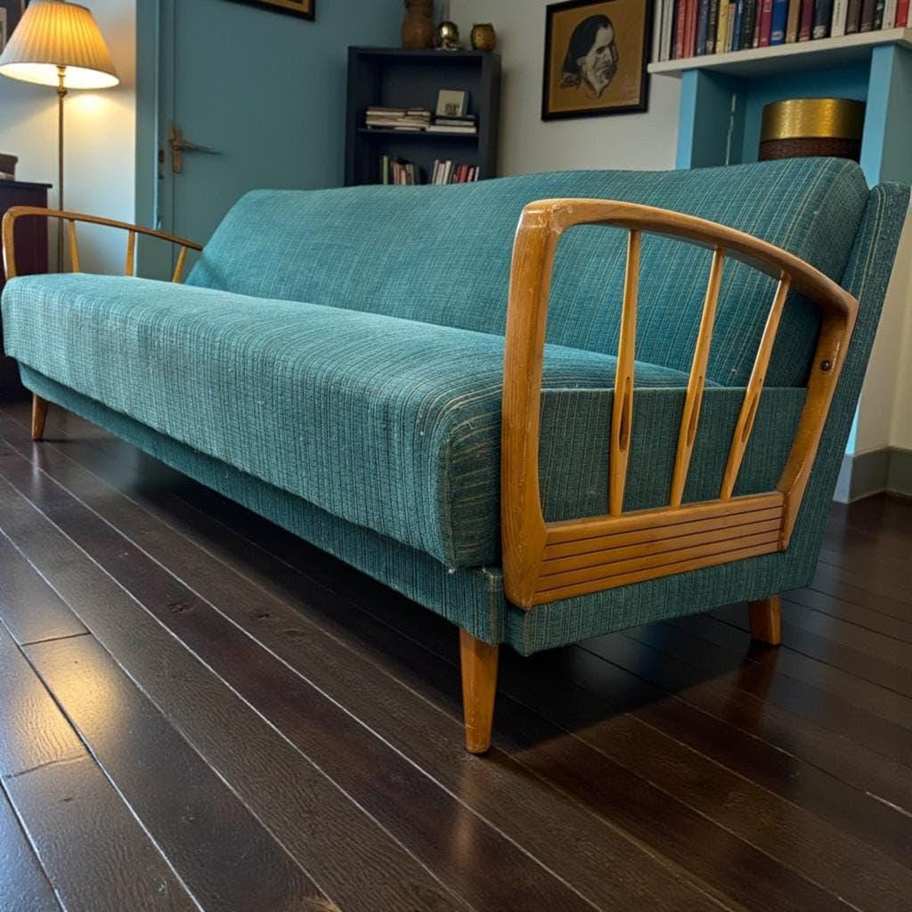 Vintage blue/green fabric sofa bed