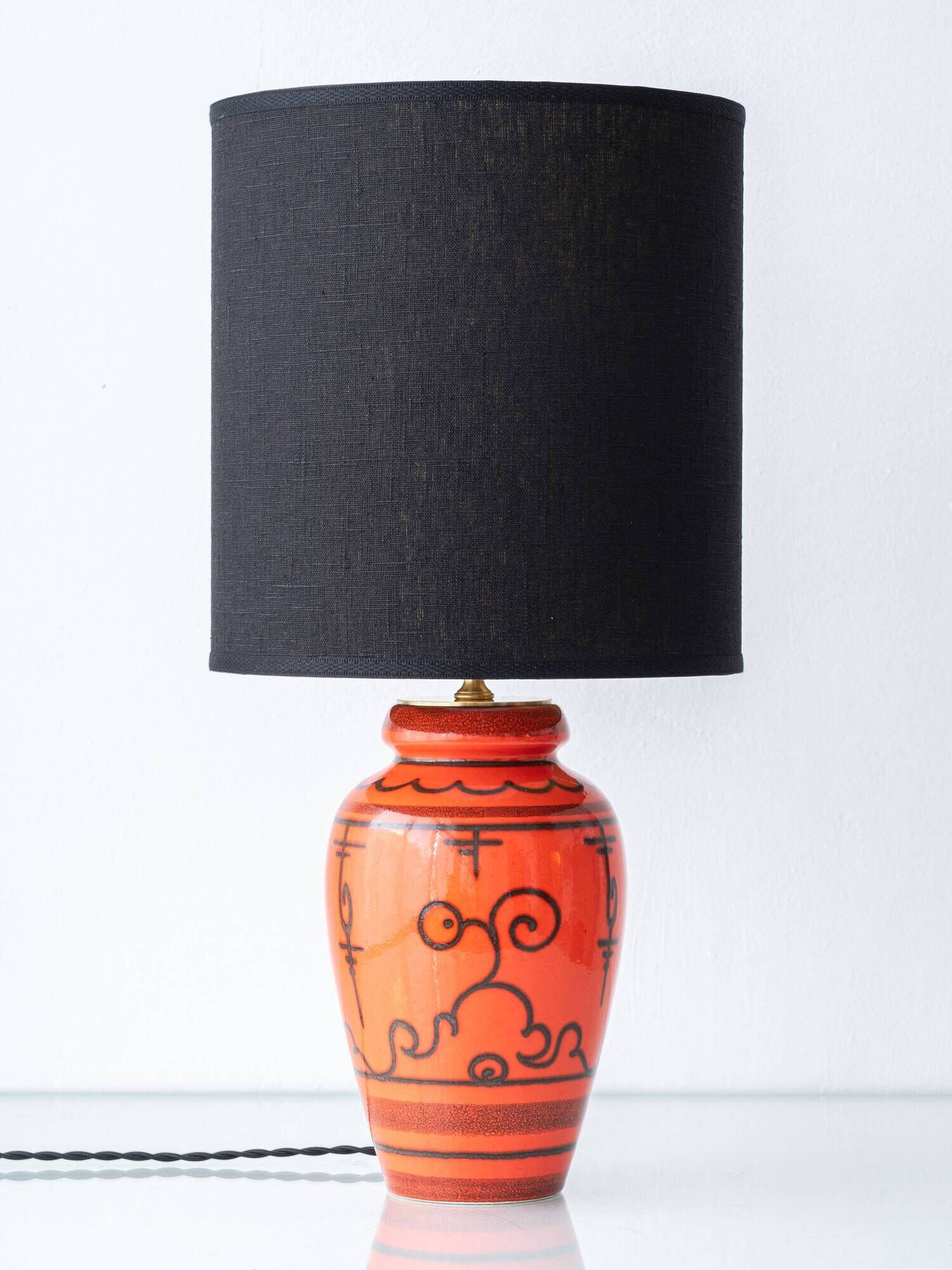 Dutch Orange Gouda Ceramic Table Lamp 'Tokio', 1970s, New Black Linen Shade