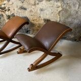 Set of 2 wooden and studded leather footrests