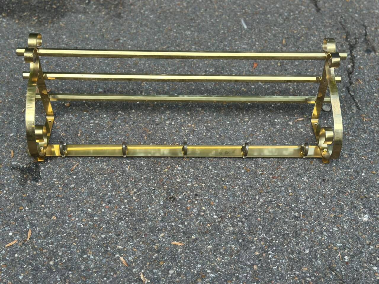 Hollywood Regency wall coat rack, gold brass, hat shelf, 1960s.