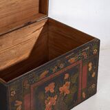 Antique wooden chest with lotus flower illustrations (China, circa 1900)