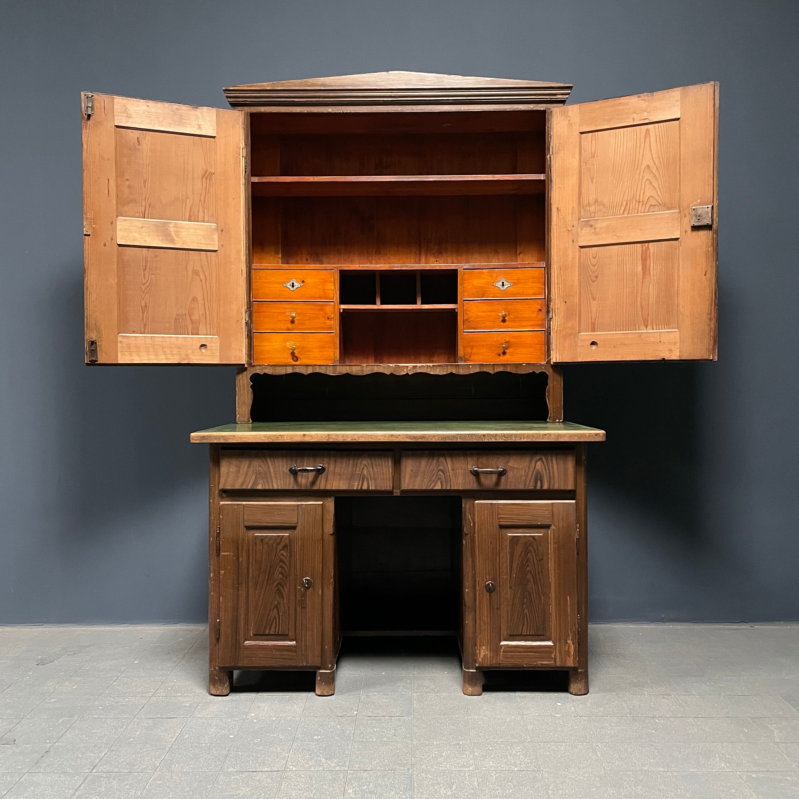 Antique painted pine desk or secretaire with wall unit from Germany late 1800s.