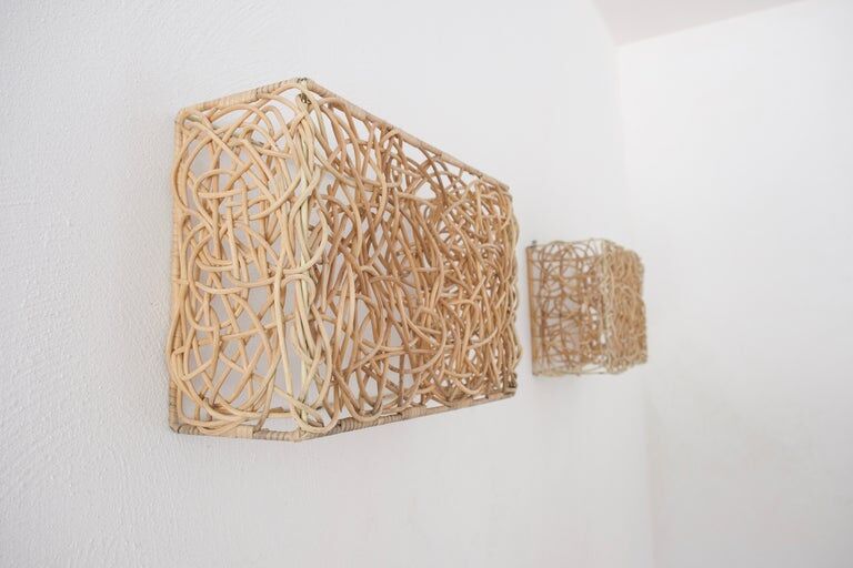 Pair of rattan wall lamps