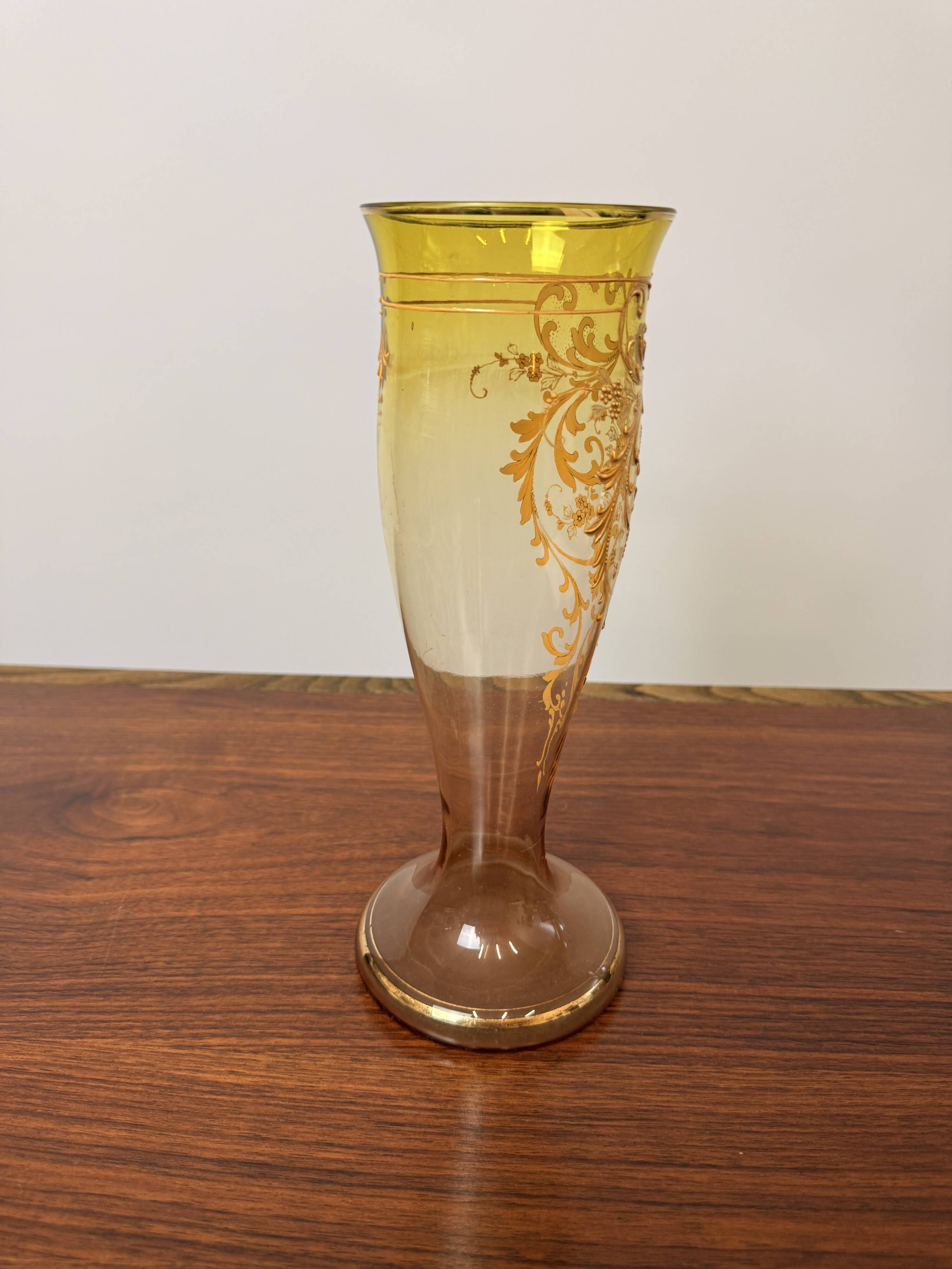 Antique legras vase in yellow glass with golden floral decoration – art nouveau