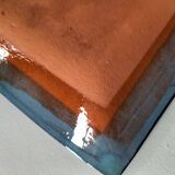 Square turquoise glazed stoneware dish, abstract floral decoration, signed.