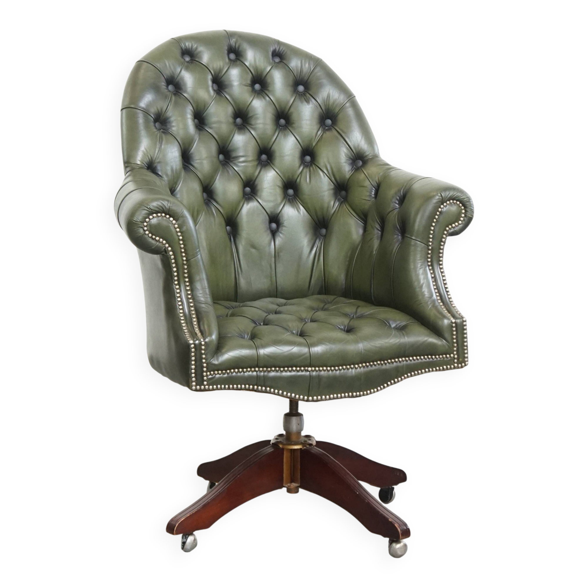 Chesterfield office chair in green cowhide leather on casters with high back
