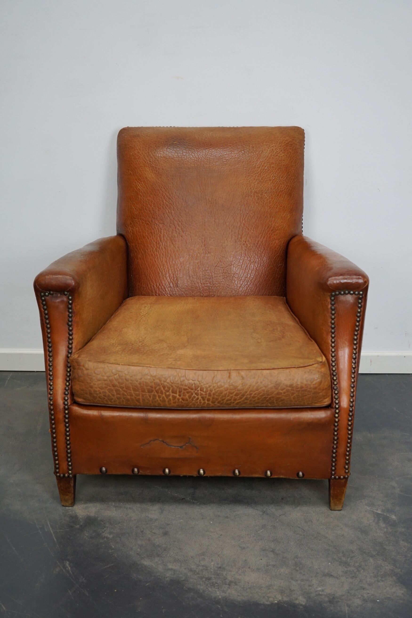 Vintage french cognac-colored leather club chair, 1940s