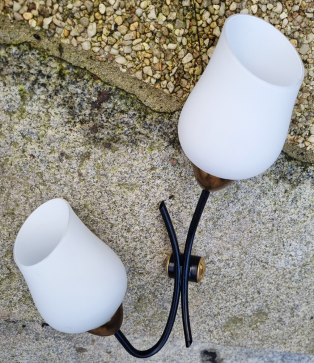 Pair of double brass, steel and opaline wall lamps, vintage, 50s