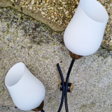 Pair of double brass, steel and opaline wall lamps, vintage, 50s