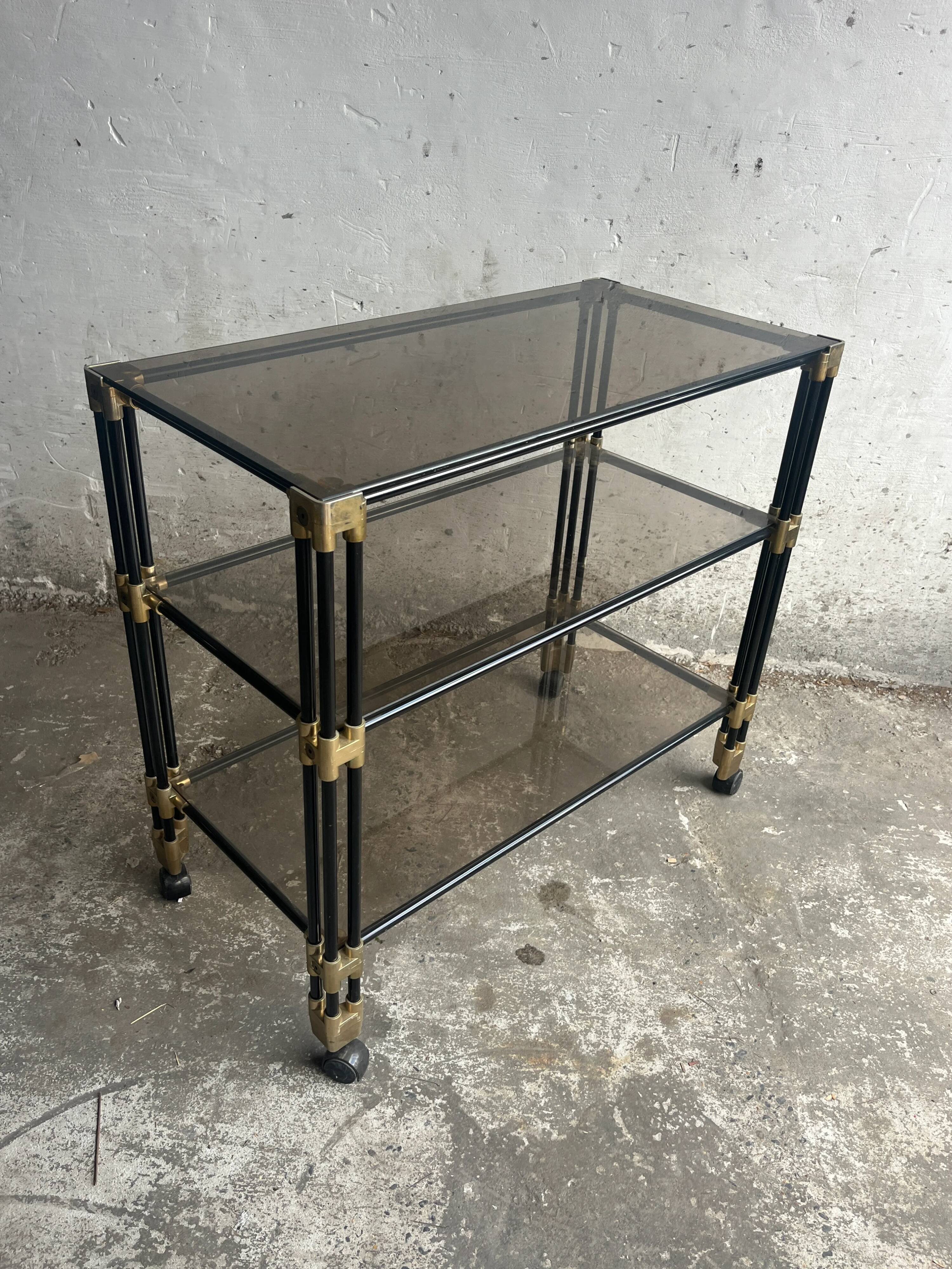 1980s Black Metal and Smoked Glass Side Table / Bar Cart Trolley