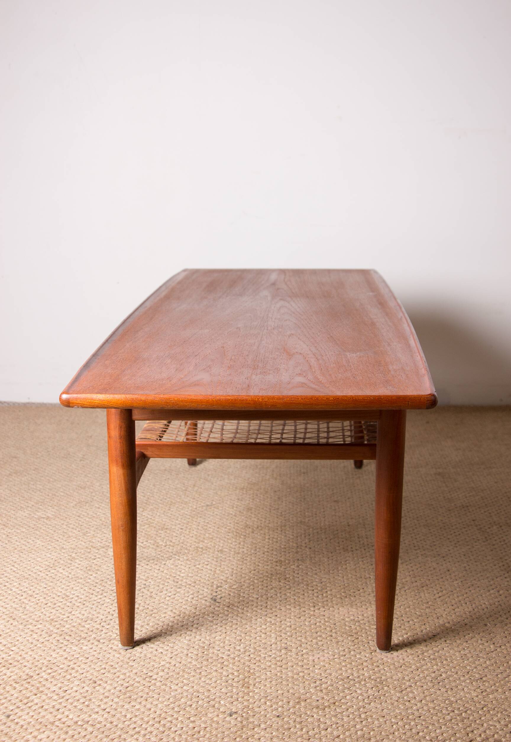 Danish coffee table in teak and rattan by KT Mobler 1960