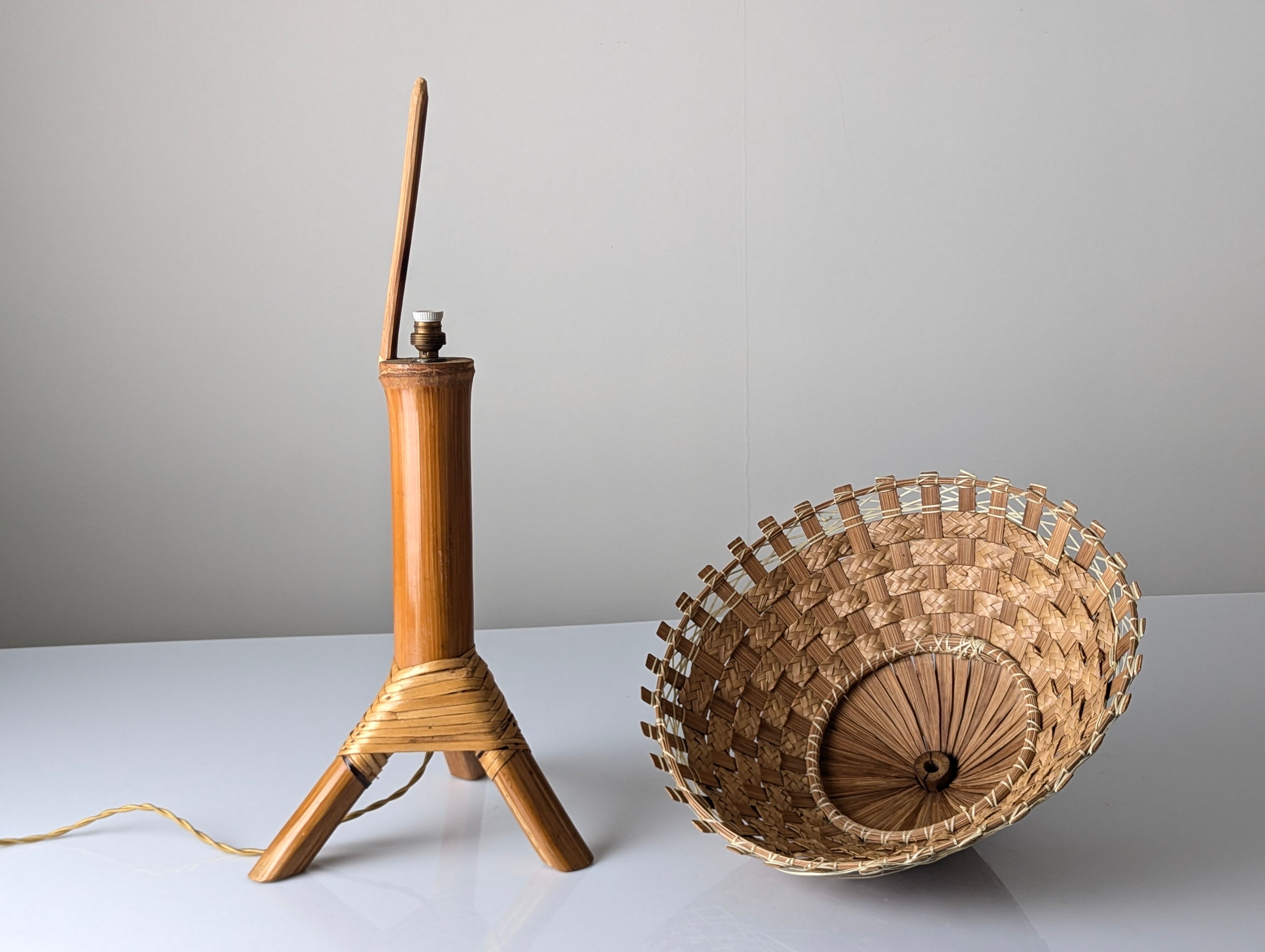 Bamboo and rattan table lamp with woven shade, 1950s