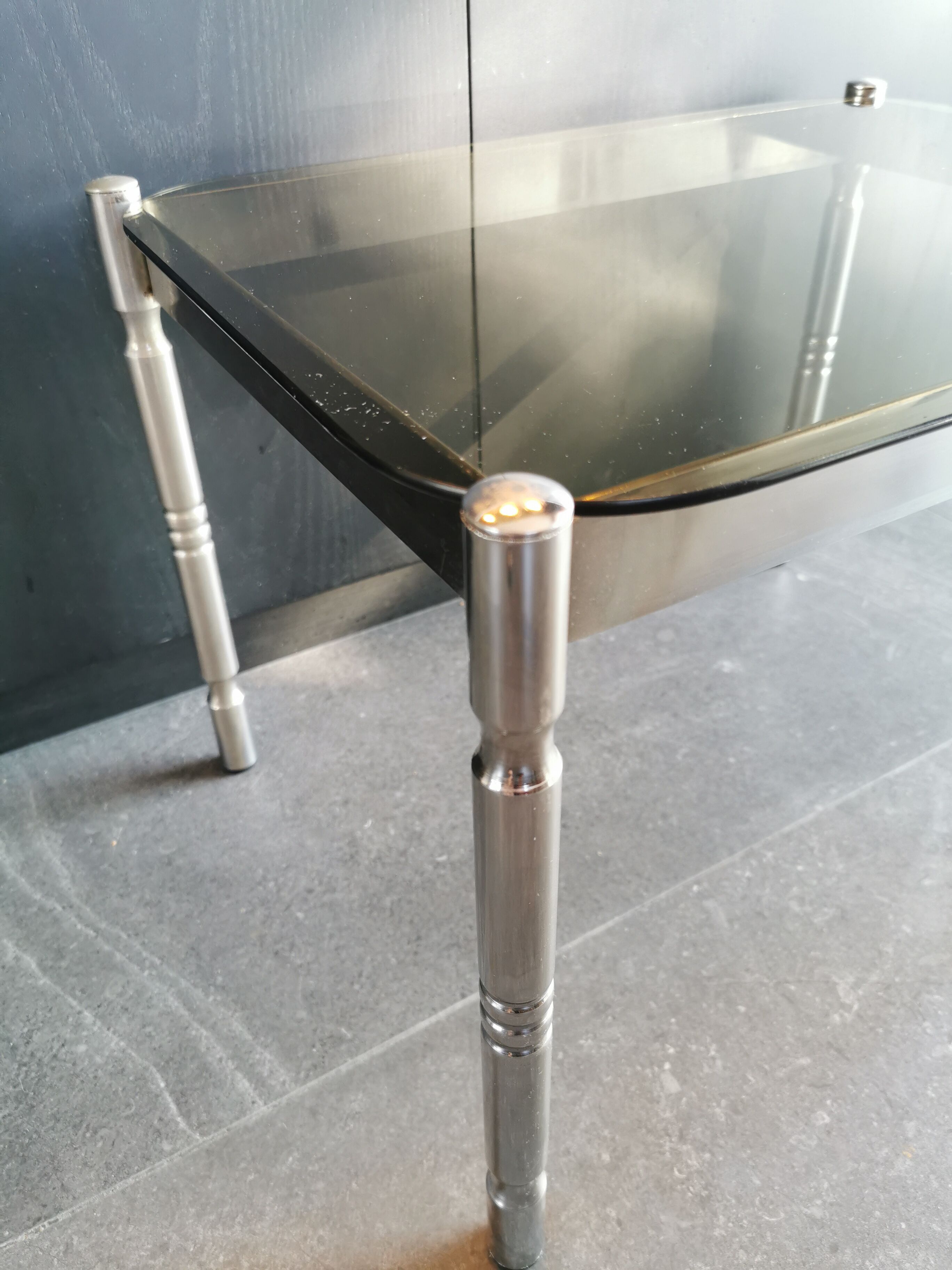 Vintage coffee table in chrome metal and smoked glass