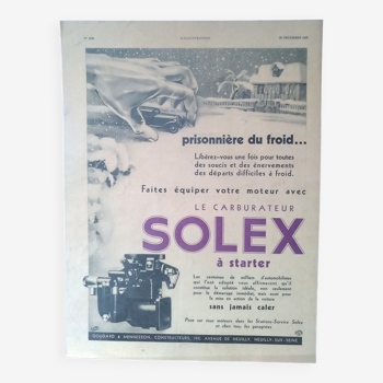 Une publicité papier voiture carburateur  Solex plastification à chaud issue revue  époque 1933