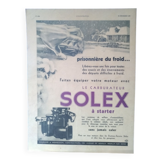 Une publicité papier voiture carburateur  Solex plastification à chaud issue revue  époque 1933