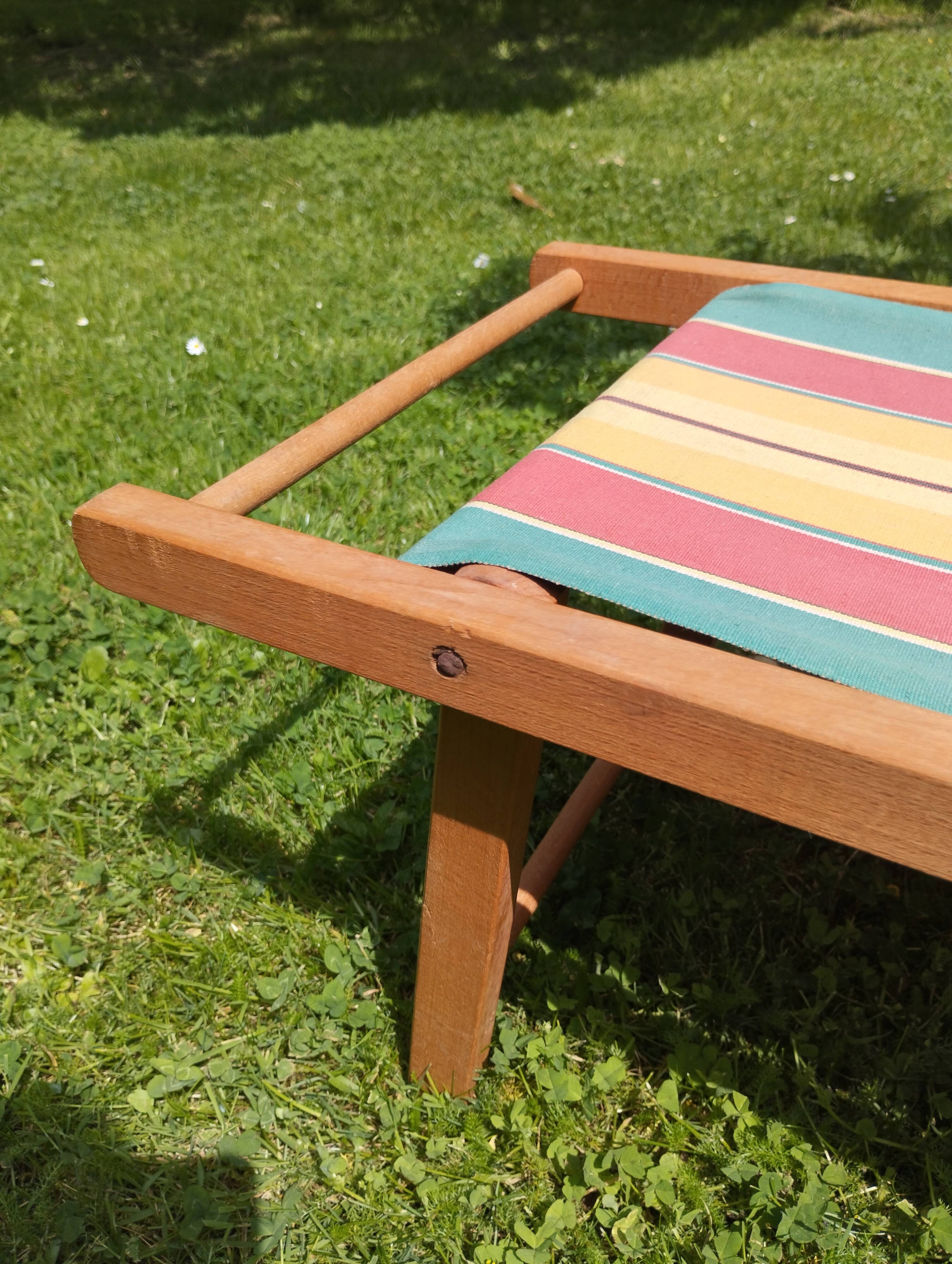 Vintage children's deckchair, sun lounger, striped canvas, 1960-1970.