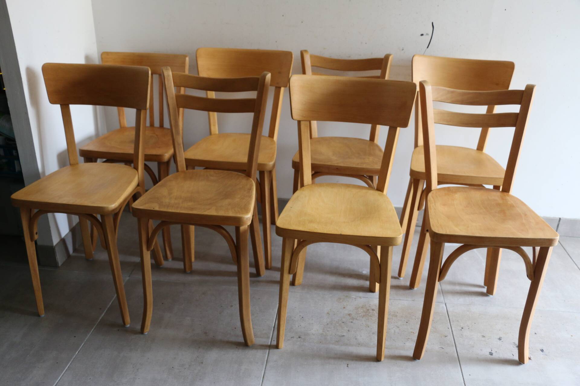 Set of 8 classic Baumann chairs 1950 light beech