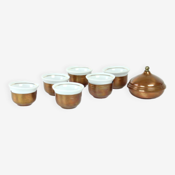 Copper & Porcelaine Espresso Set Of 6 Cups, Czechoslovakia 1960s