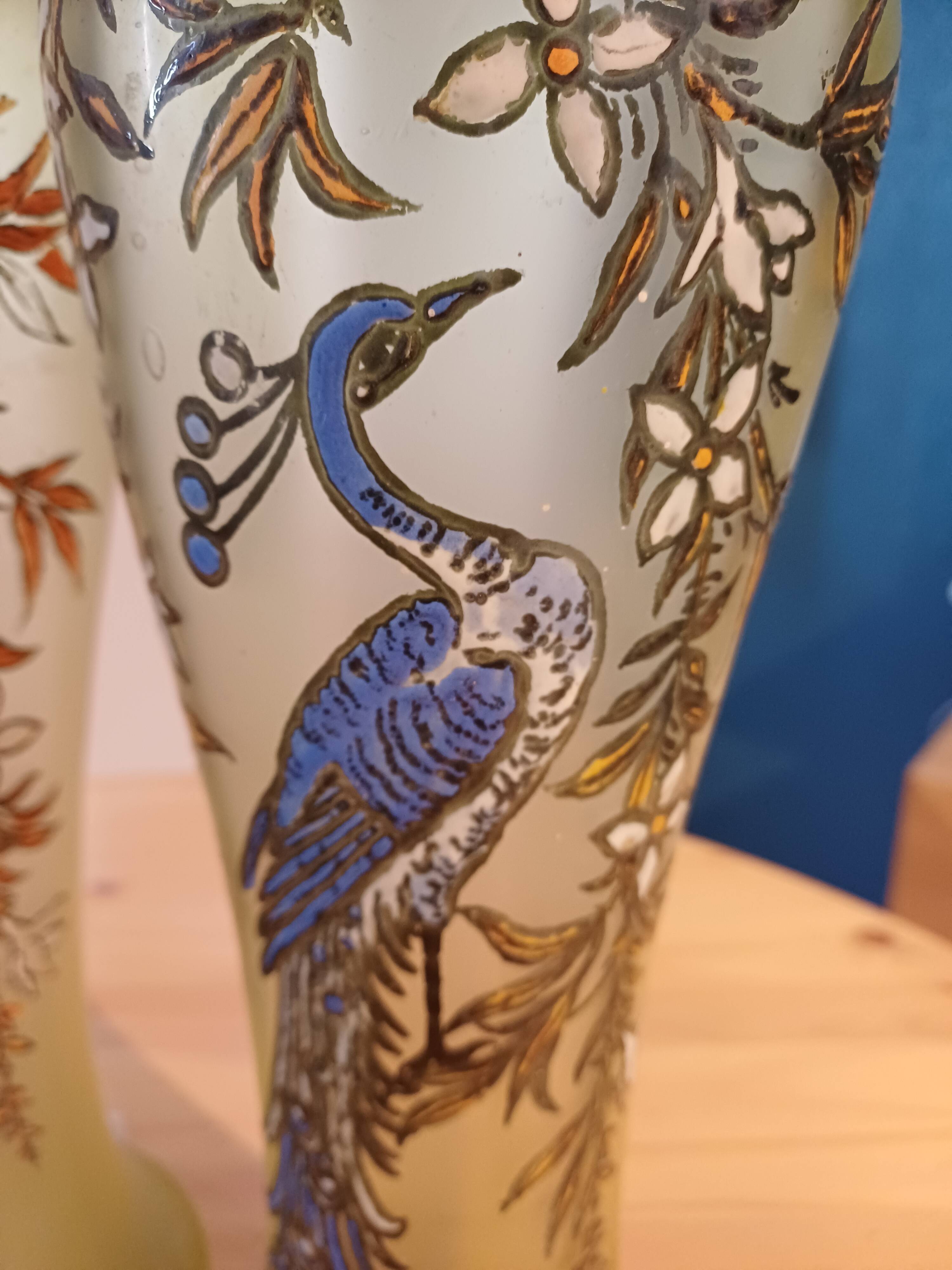 Pair of Legras vases in peacock glass